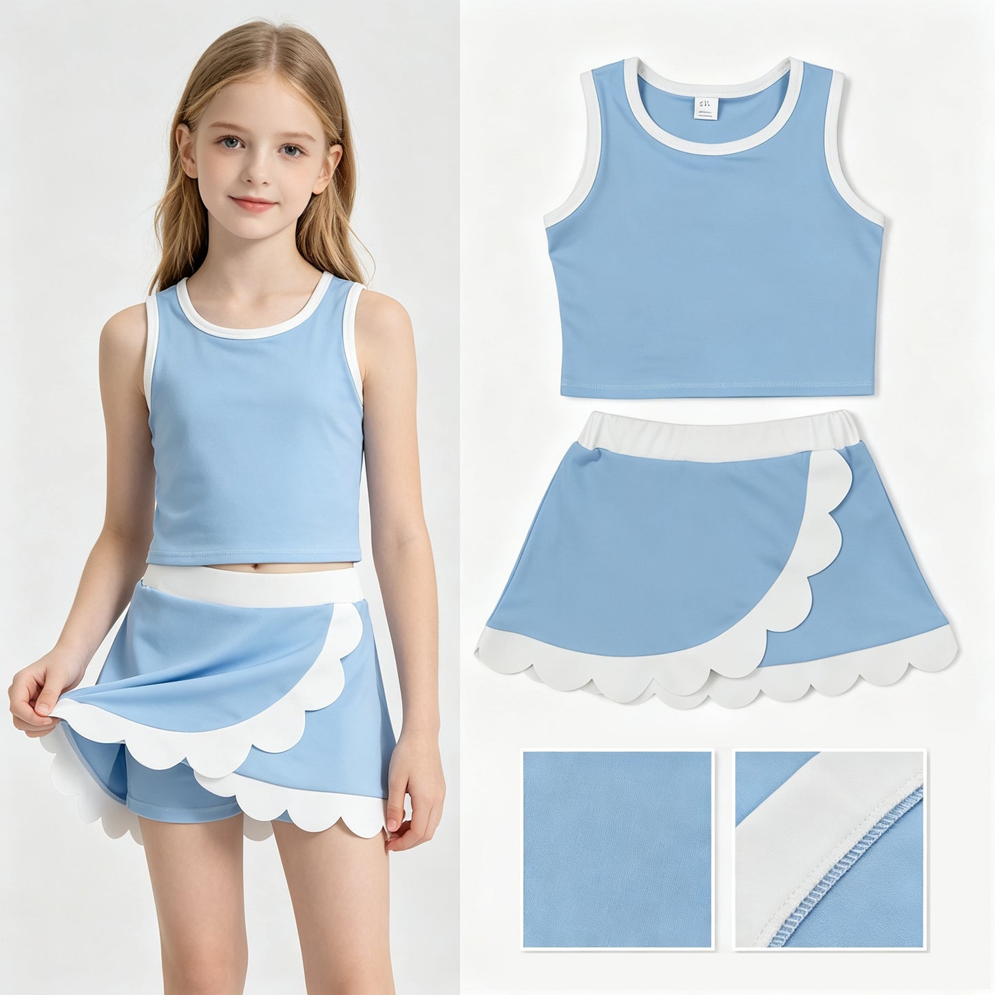 Baby Girls Light Blue Crop Scallop Skirt Short Yoga Active Clothes Sets