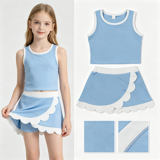 Baby Girls Light Blue Crop Scallop Skirt Short Yoga Active Clothes Sets