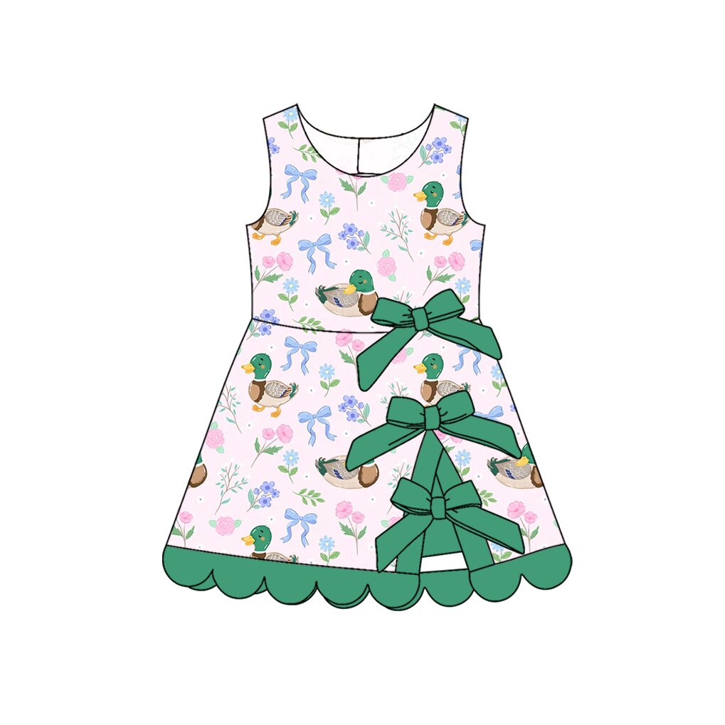 Baby Girls Ducks Flowers Bows Yoga Active Scallop Short Knee Length Dress Preorder
