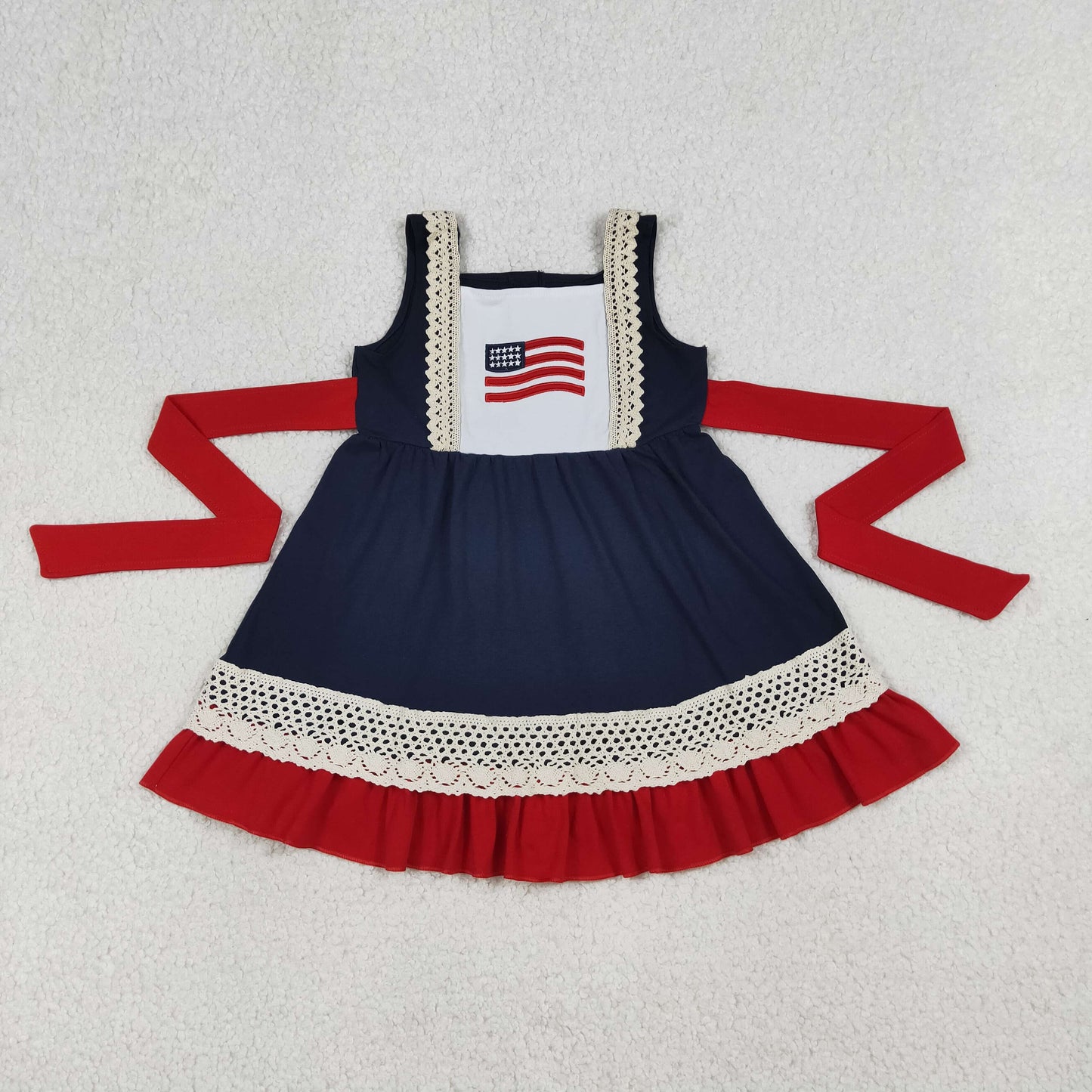 Baby Girls Sleeveless Embroidery Flags 4th of July Belt Ruffle Knee Length Dresses