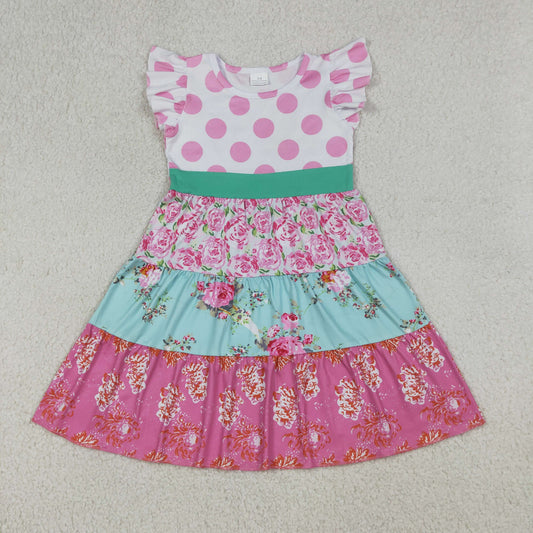 Baby Girls Flutter Sleeve Flowers Patchwork Knee Length Dresses