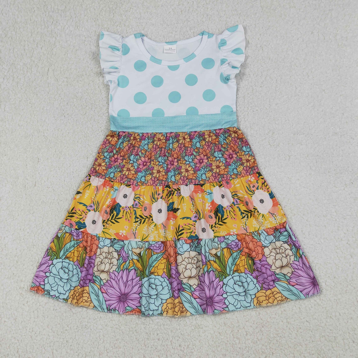Baby Girls Flutter Sleeve Colorful Flowers Patchwork Knee Length Dresses