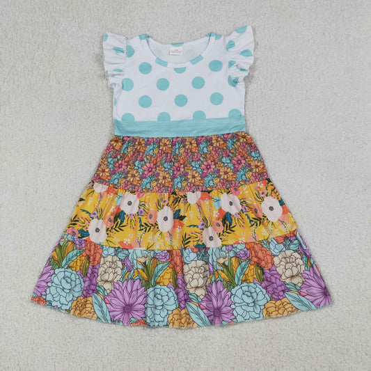 Baby Girls Flutter Sleeve Colorful Flowers Patchwork Knee Length Dresses