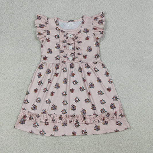 Baby Girls Flutter Sleeve Flowers Button Ruffle Knee Length Dresses