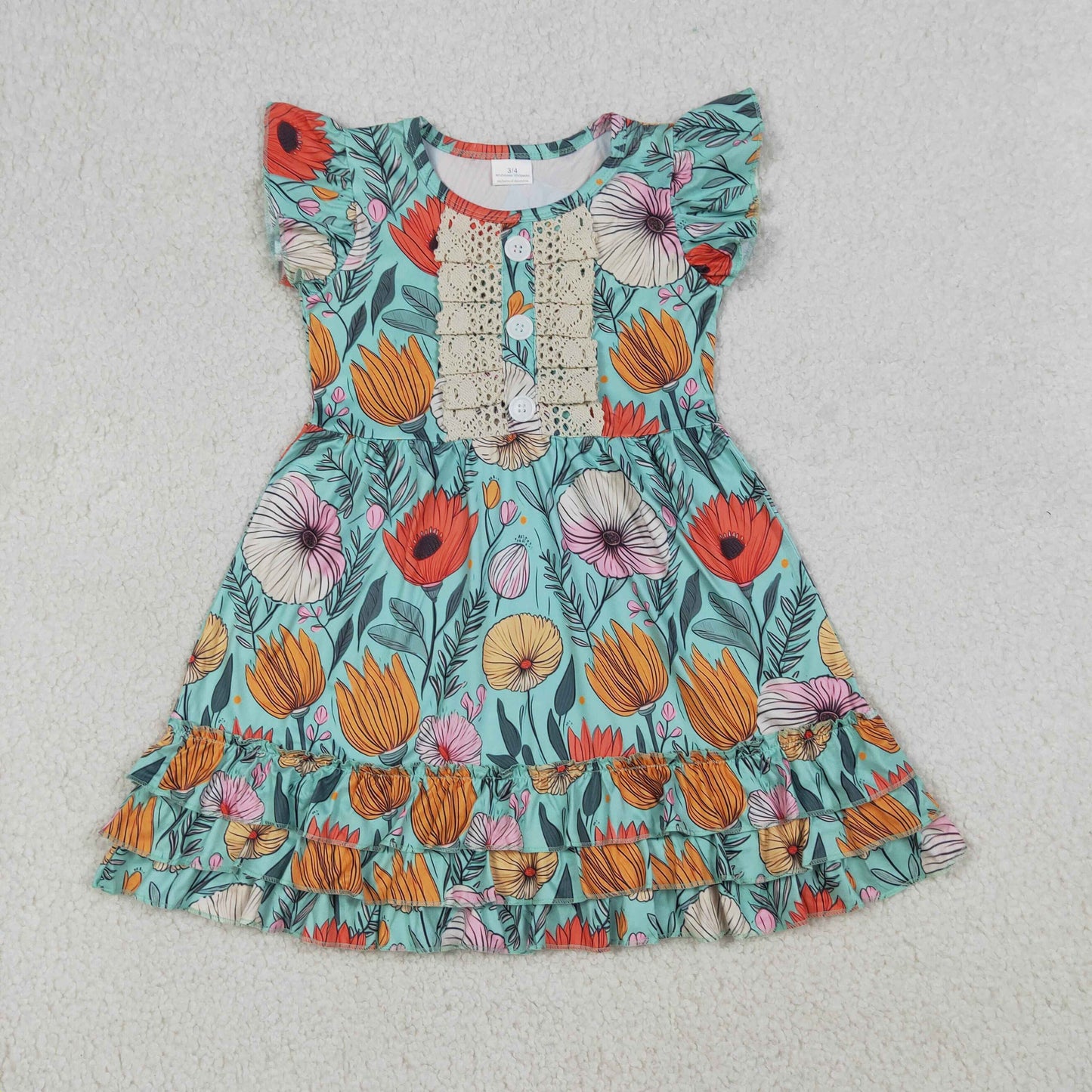 Baby Girls Flutter Sleeve Colorful Flowers Button Ruffle Knee Length Dresses