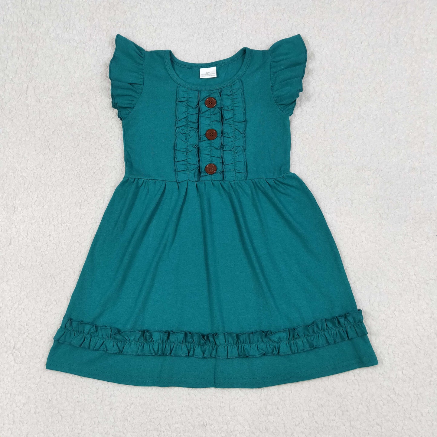 Baby Girls Flutter Sleeve Dark Green Button Ruffle Knee Length Dresses
