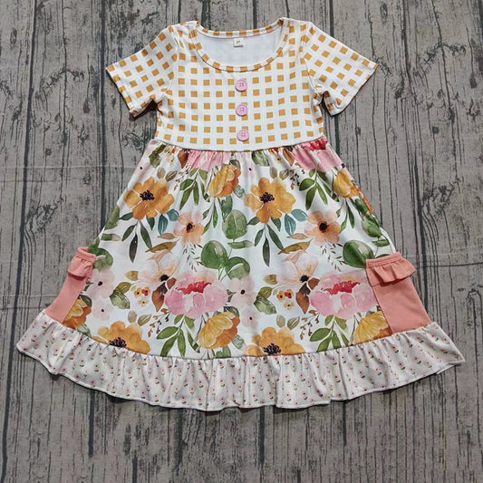 Baby Girls Short Sleeve Flowers Button Pockets Ruffle Knee Length Dresses