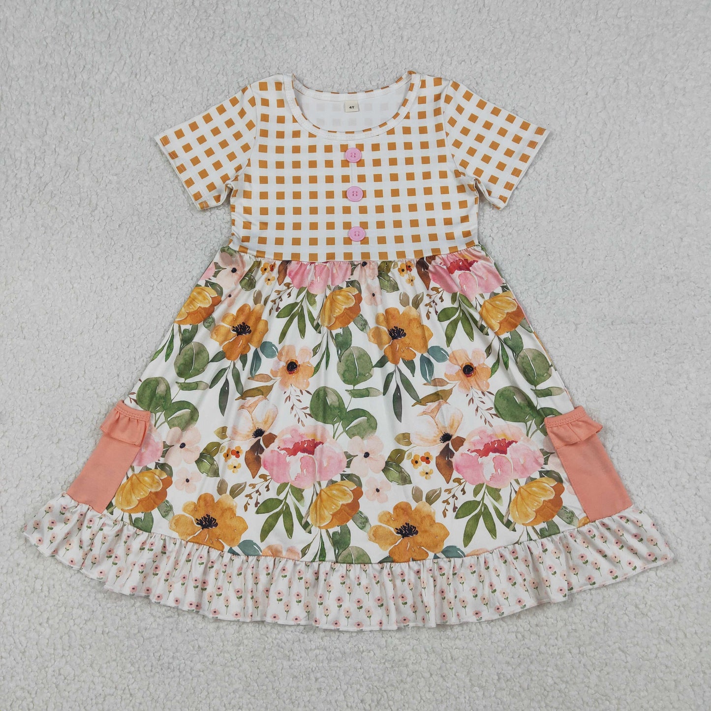 Baby Girls Short Sleeve Flowers Button Pockets Ruffle Knee Length Dresses