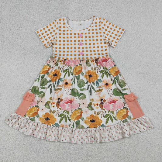 Baby Girls Short Sleeve Flowers Button Pockets Ruffle Knee Length Dresses