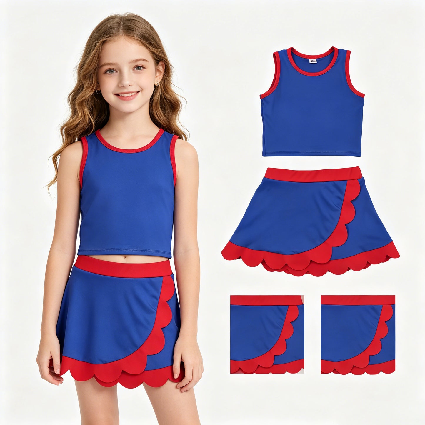 Baby Girls Red Navy Vest Top Scallop Skirt Short Yoga Active Clothes Set