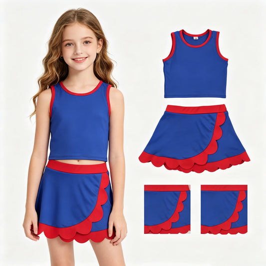 Baby Girls Red Navy Vest Top Scallop Skirt Short Yoga Active Clothes Set