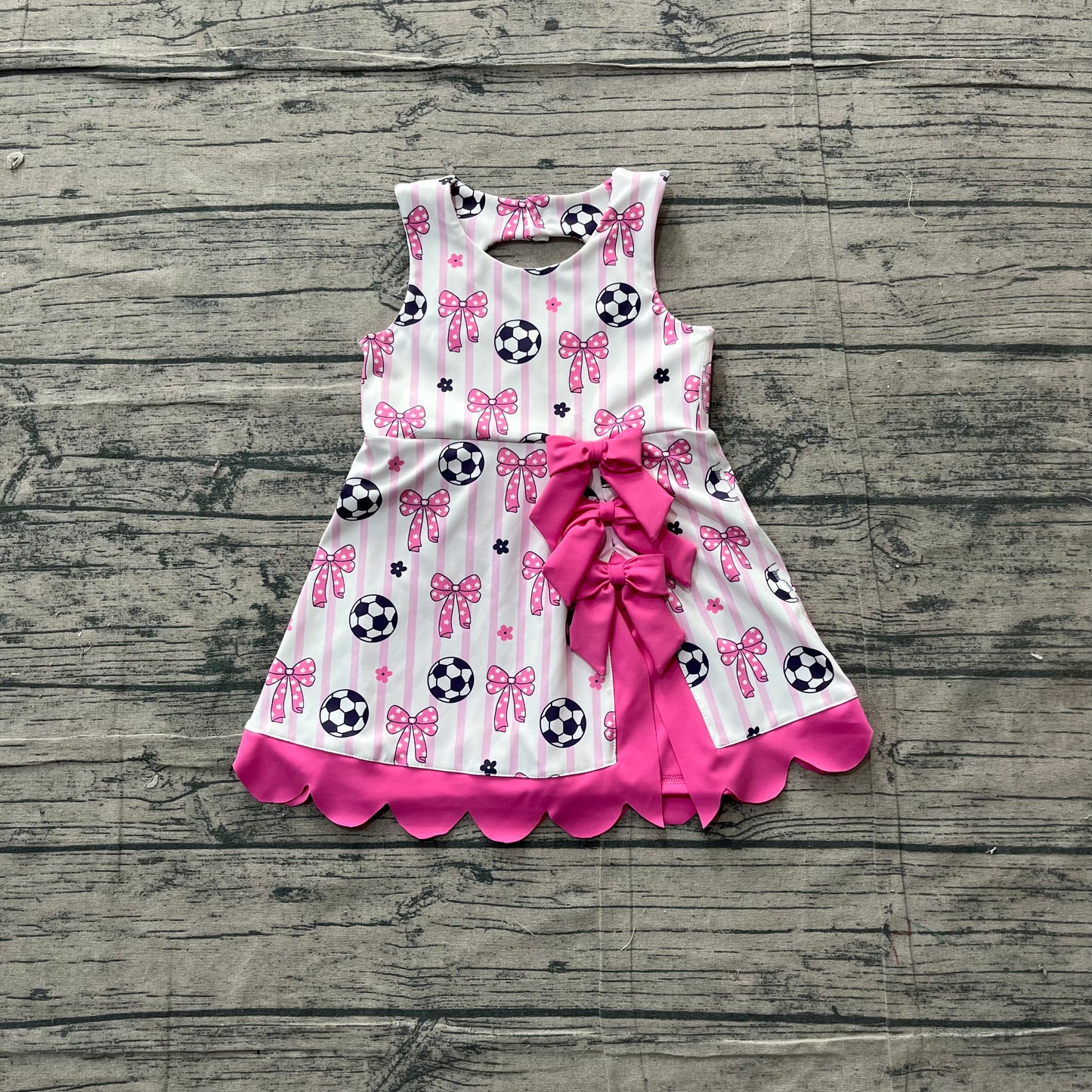 Baby Girls Footballs Bows Team Yoga Active Scallop Short Knee Length Dress Preorder