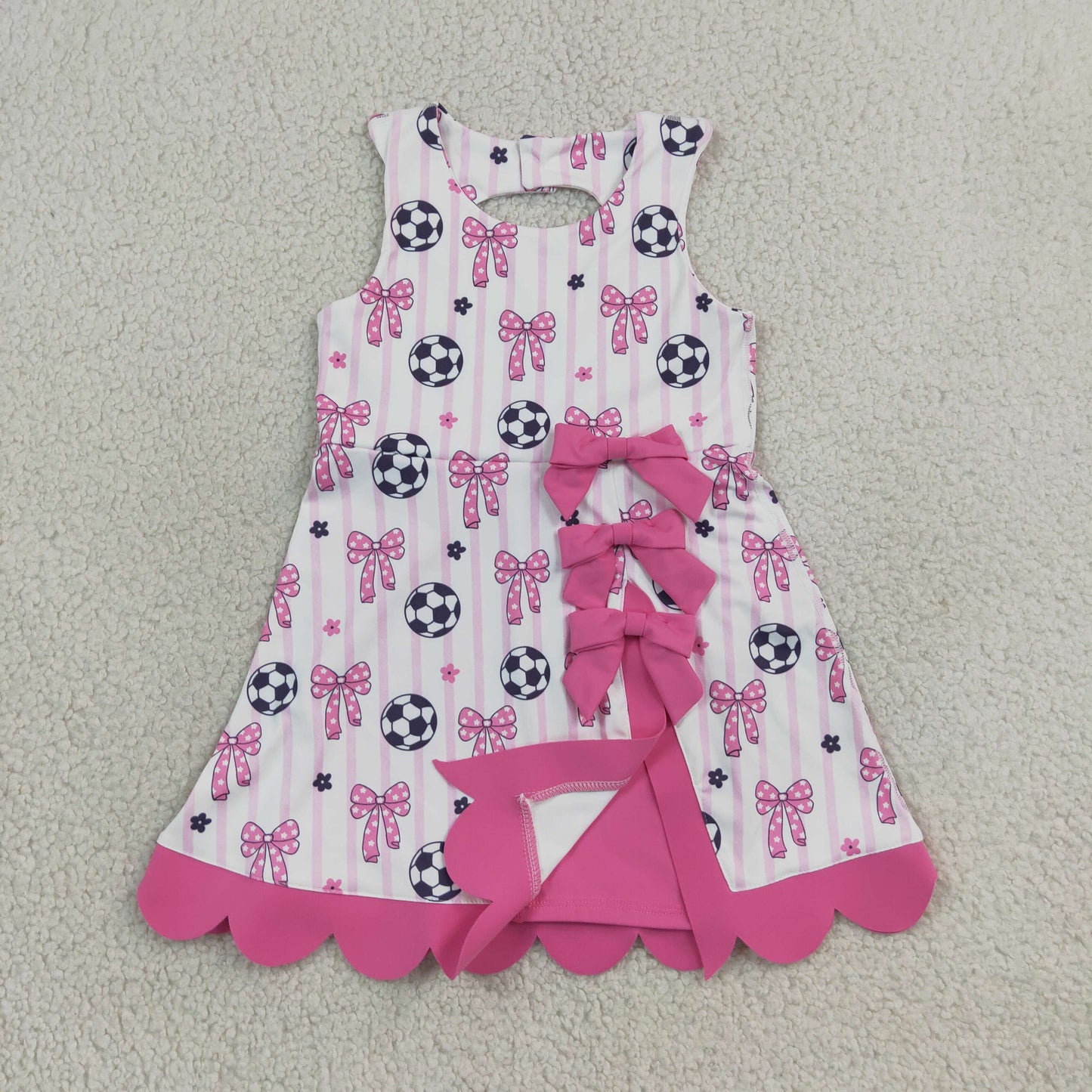 Baby Girls Footballs Bows Team Yoga Active Short Scallop Knee Length Dress