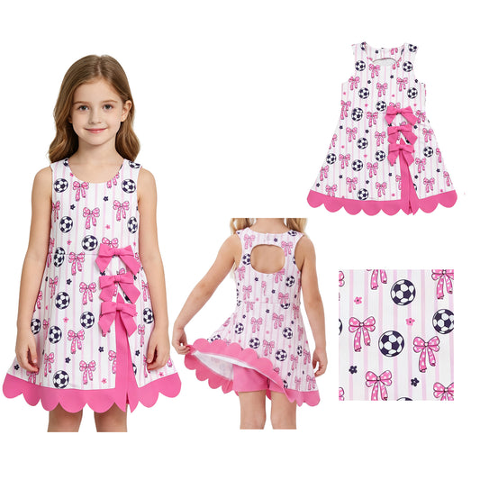 Baby Girls Footballs Bows Team Yoga Active Short Scallop Knee Length Dress