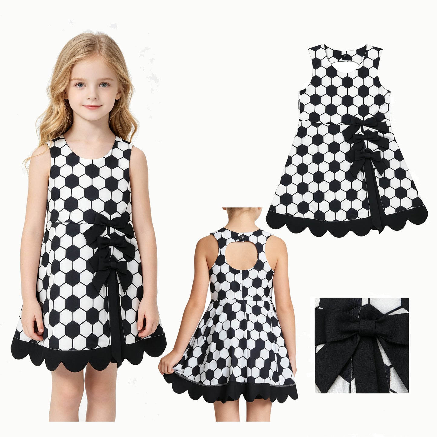 Baby Girls Footballs Team Yoga Active Short Bows Scallop Knee Length Dress