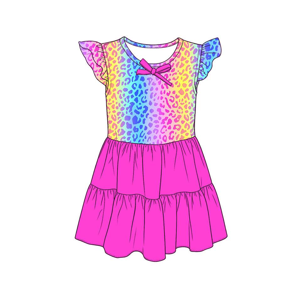 Baby Girls Flutter Sleeve Colorful Leopard Patchwork Knee Length Dresses Preorder