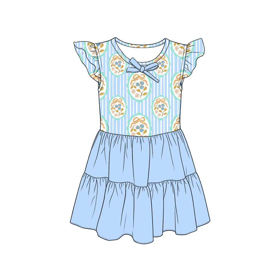 Baby Girls Flutter Sleeve Bows Blueberry Stripe Patchwork Knee Length Dresses Preorder