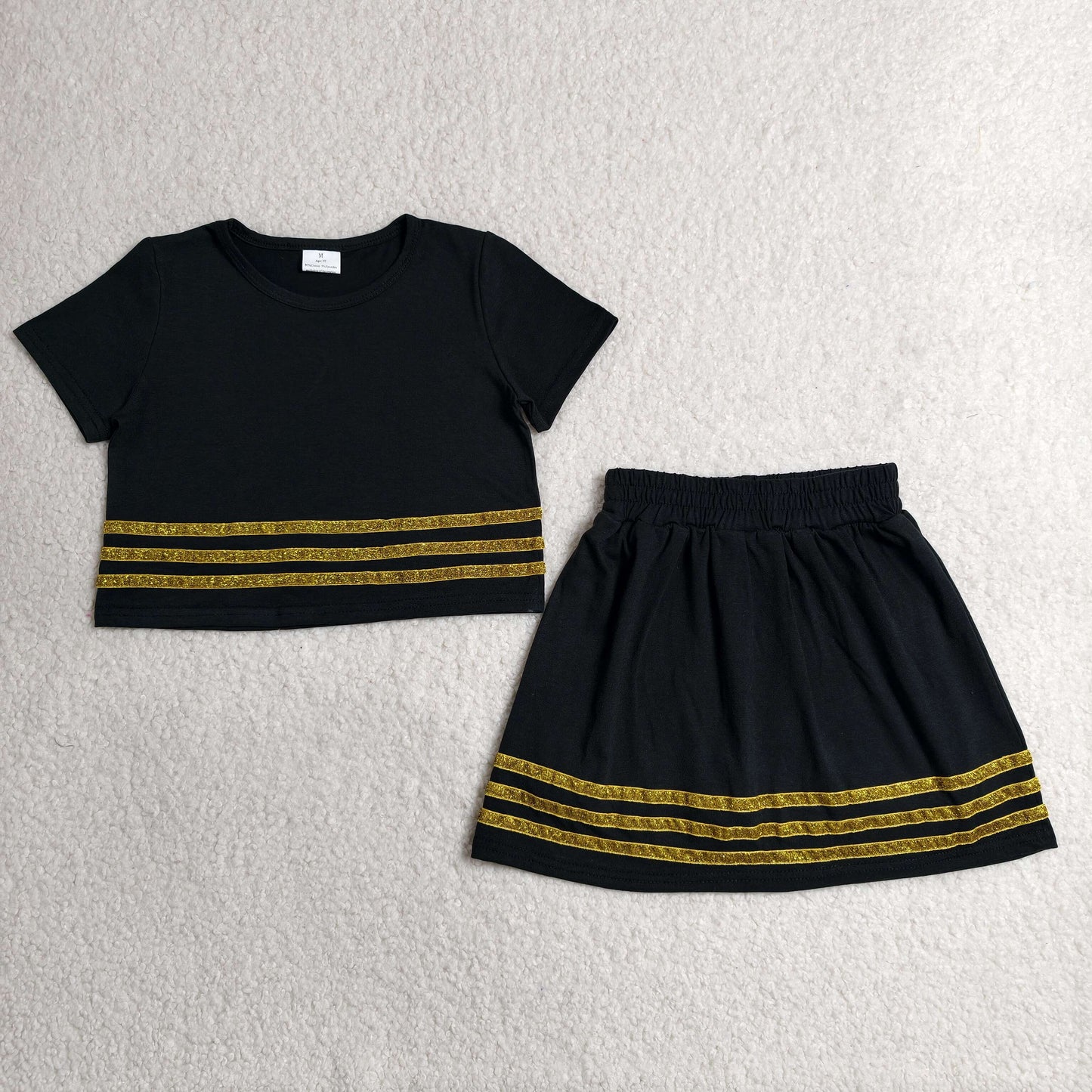 Baby Girls Black Short Sleeve Gold Stripe Top Skirt Short Slouchy Clothes Sets
