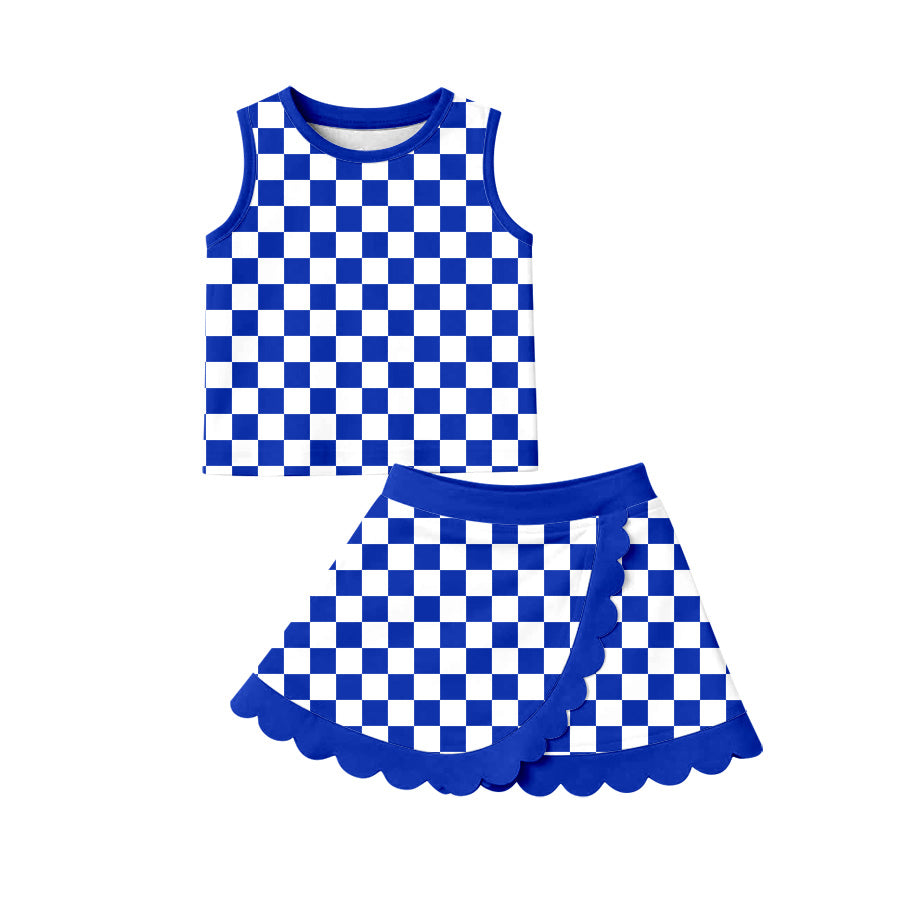 Baby Girls Hot Blue Checked Vest Scallop Skirt Short Yoga Active Clothes Set Preorder