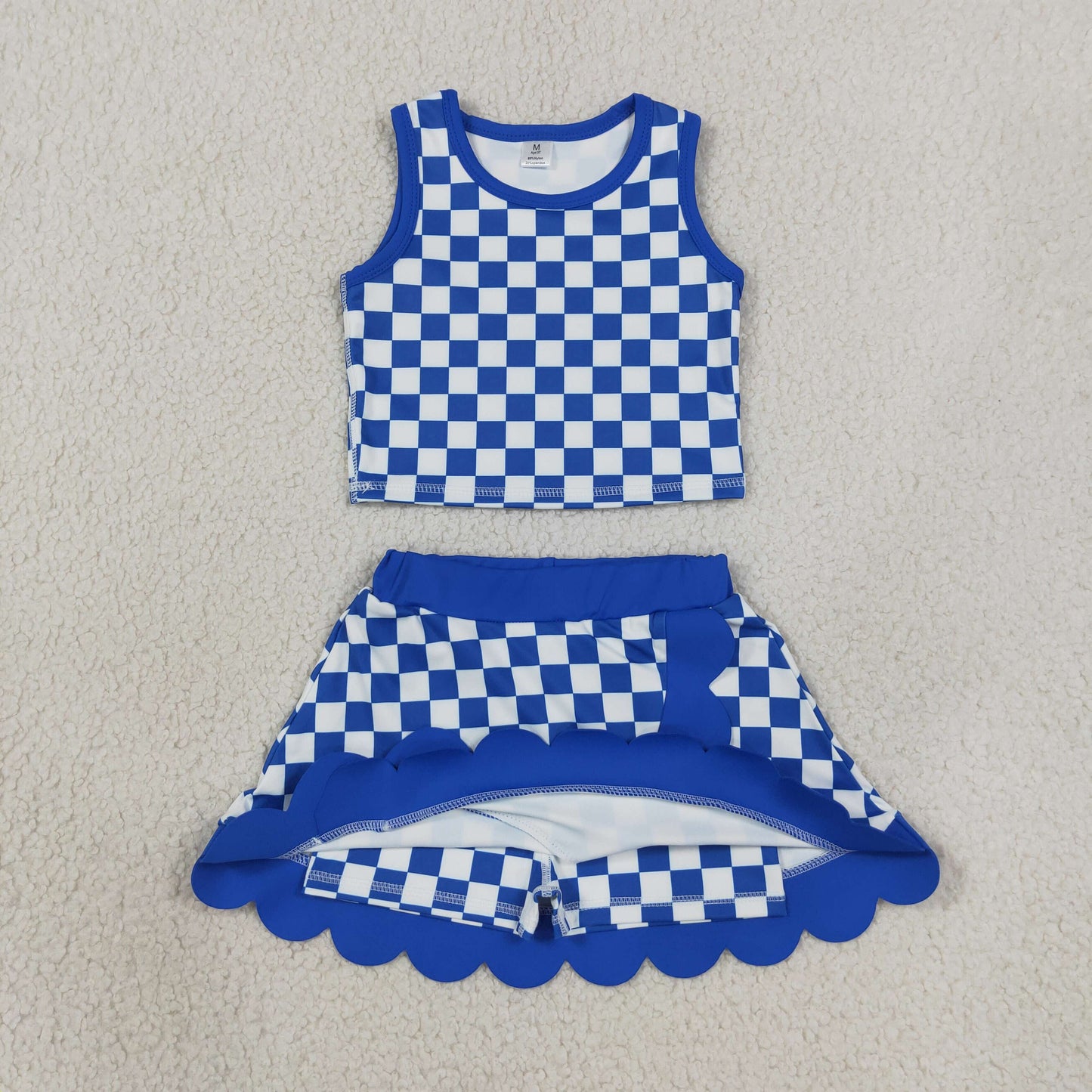 Sibling Baby Girls Colorful Checked Vests Scallop Skirt Short Yoga Active Clothes Sets