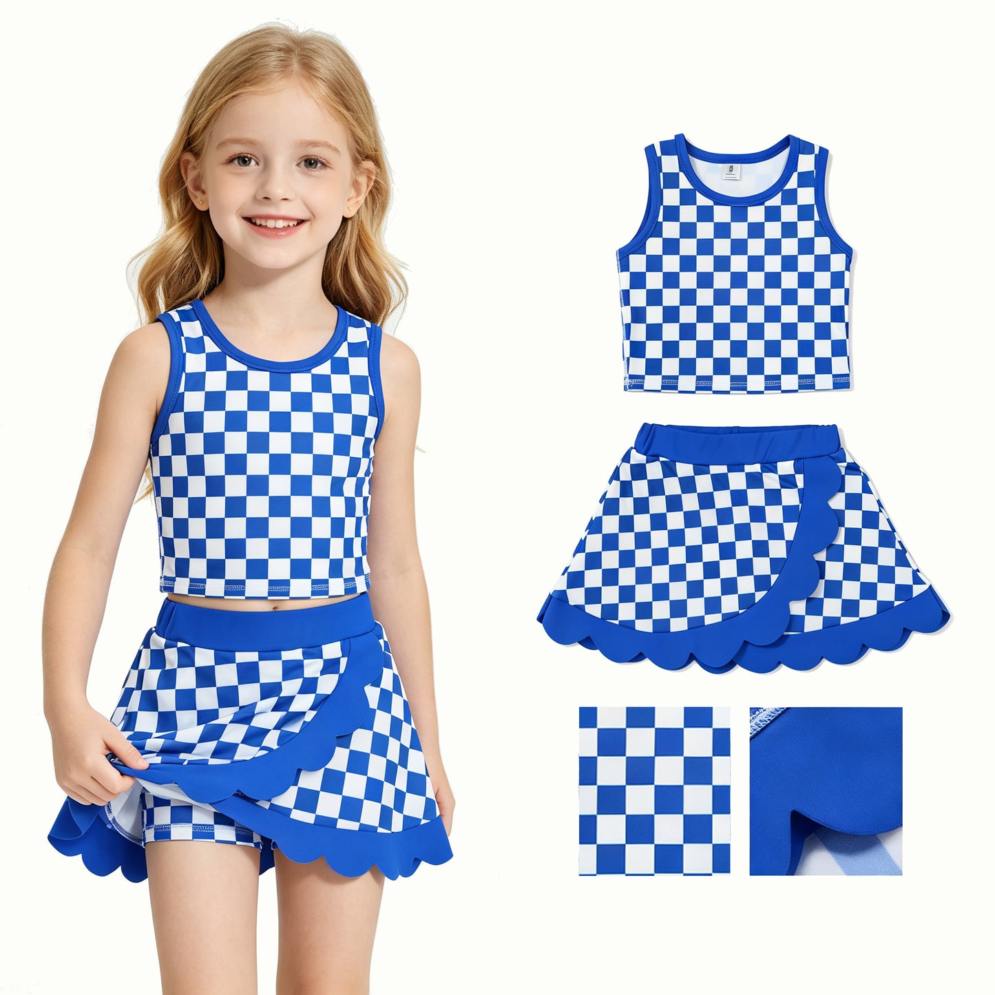 Baby Girls Hot Blue Checked Crop Scallop Skirt Short Yoga Active Clothes Sets