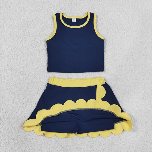 Baby Girls Yellow Navy Crop Scallop Skirt Short Yoga Active Clothes Sets