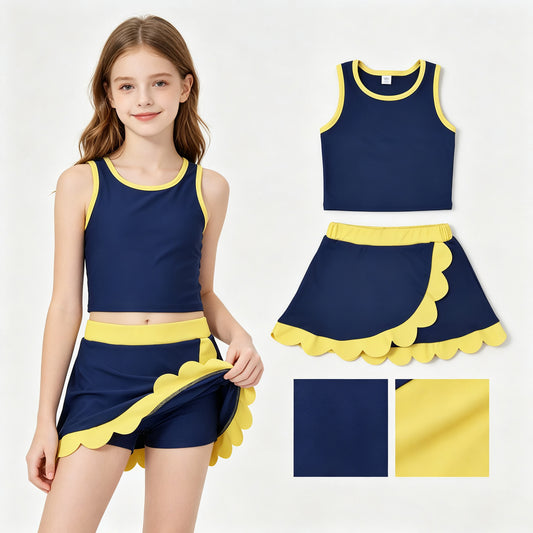 Baby Girls Yellow Navy Crop Scallop Skirt Short Yoga Active Clothes Sets
