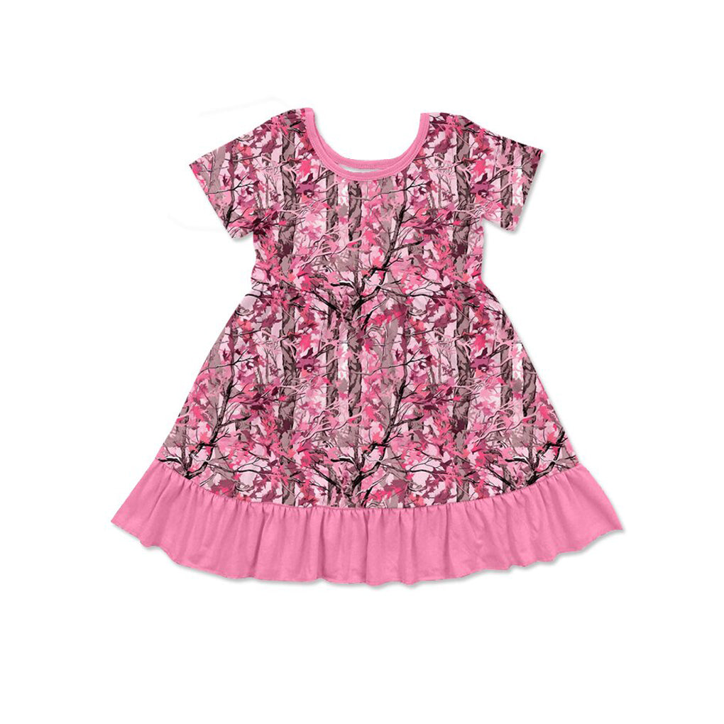 Baby Girls Short Sleeve Pink Leaves Camo Ruffle Knee Length Dresses Preorder