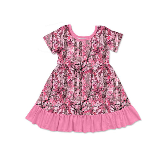 Baby Girls Short Sleeve Pink Leaves Camo Ruffle Knee Length Dresses Preorder