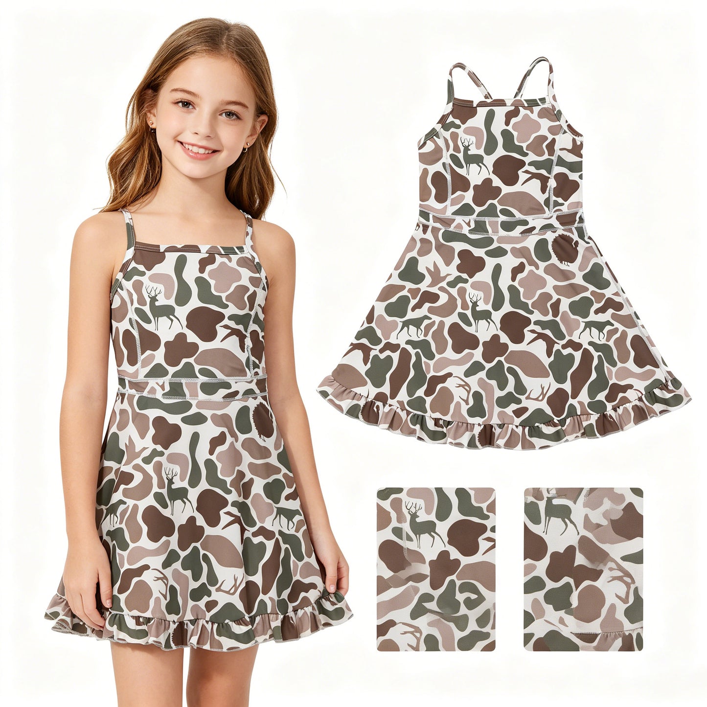 Baby Girls Strap Green Deer Dogs Ducks Camo Yoga Ruffle Knee Length Dresses