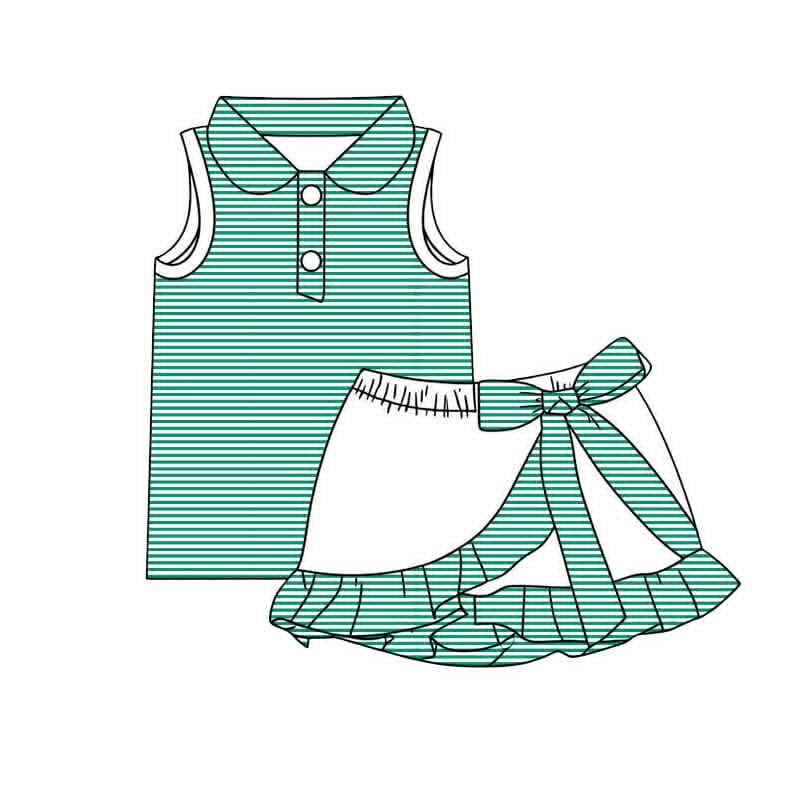 Baby Girls Green Stripe Button Vest Top Ruffle Skirt Short Yoga Active Clothes Set Preorder