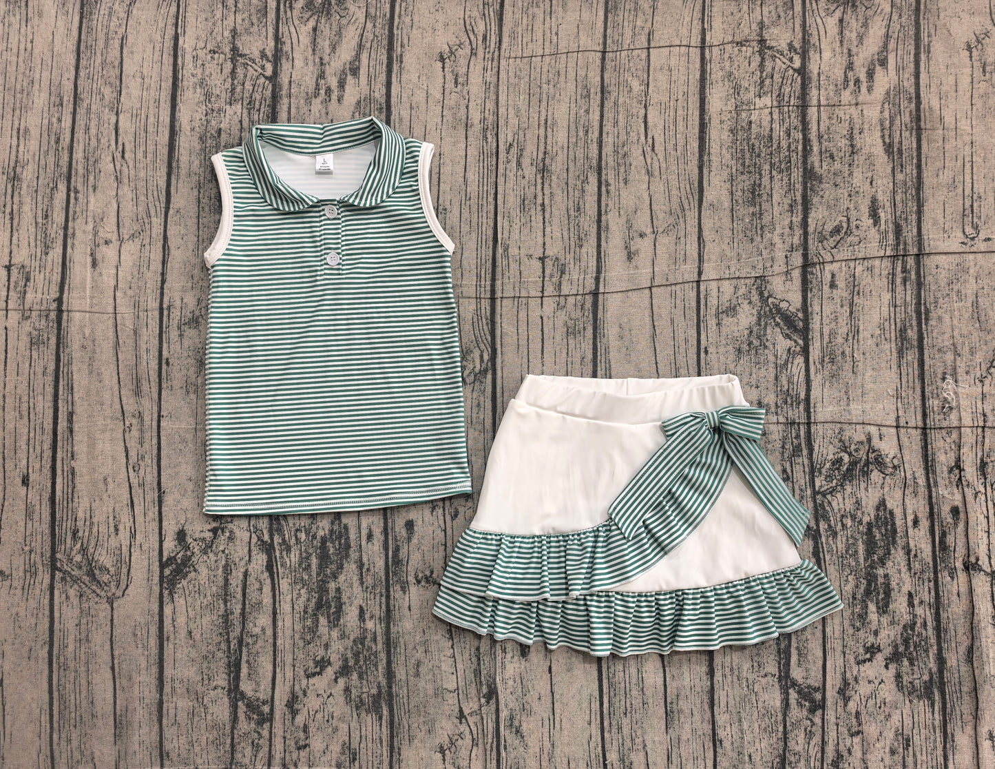 Baby Girls Green Stripe Button Vest Top Ruffle Skirt Short Yoga Active Clothes Set Preorder
