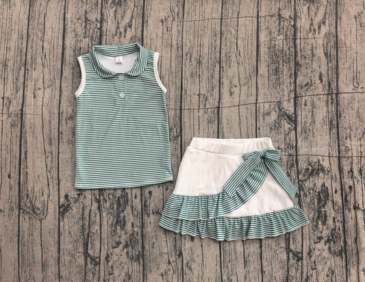 Baby Girls Green Stripe Button Vest Top Ruffle Skirt Short Yoga Active Clothes Set Preorder