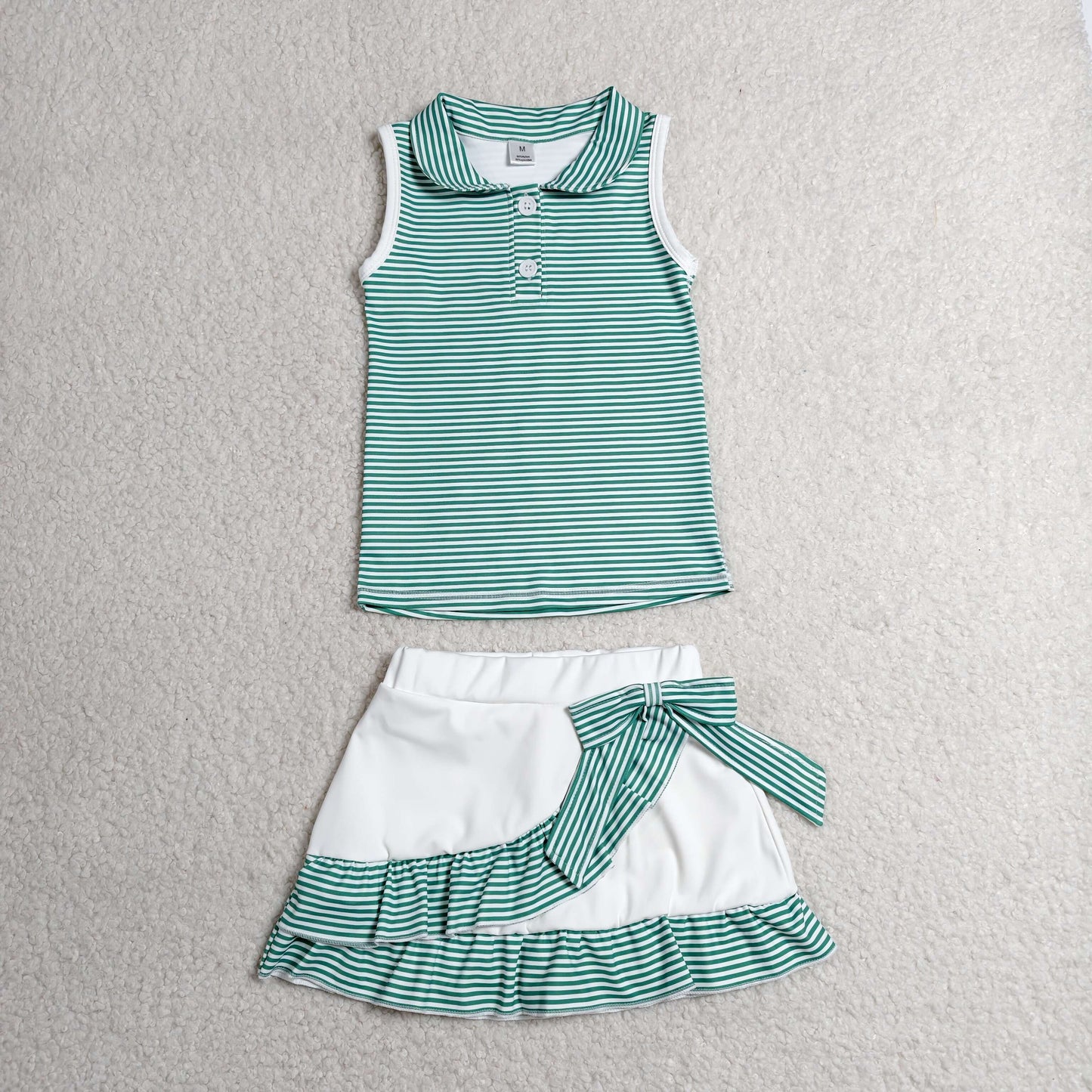 Baby Girls Green Stripe Button Vest Top Ruffle Skirt Short Yoga Active Clothes Set