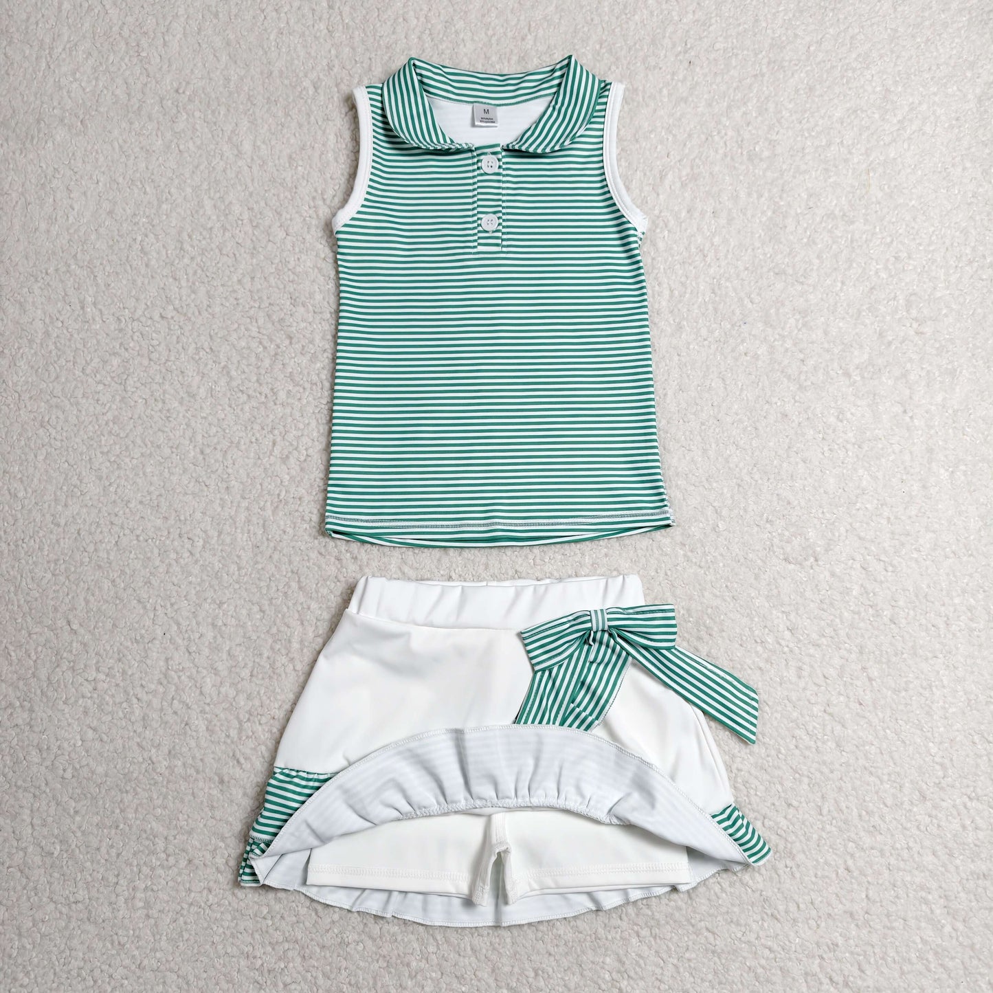 Baby Girls Green Stripe Button Vest Top Ruffle Skirt Short Yoga Active Clothes Set