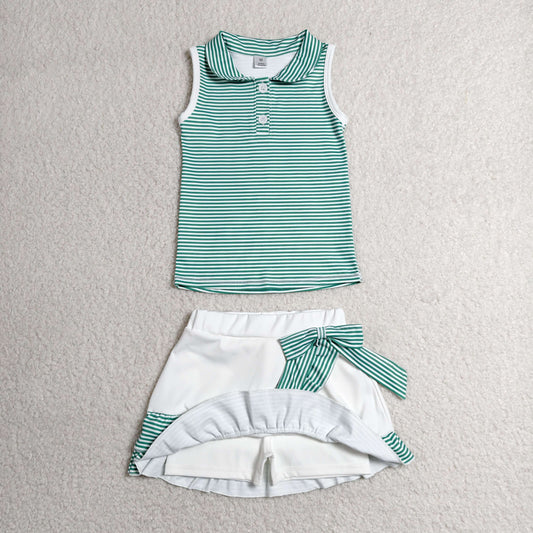 Baby Girls Green Stripe Button Vest Top Ruffle Skirt Short Yoga Active Clothes Set