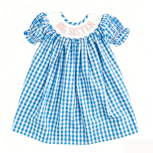Baby Girls Short Ruffle Sleeve Blue Checked Bog Brother Knee Length Dresses Preorder