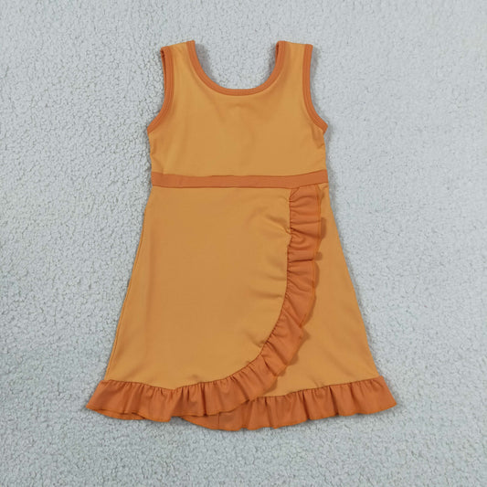 Baby Girls Sleeveless Orange Yoga Active Short Ruffle Knee Length Dress