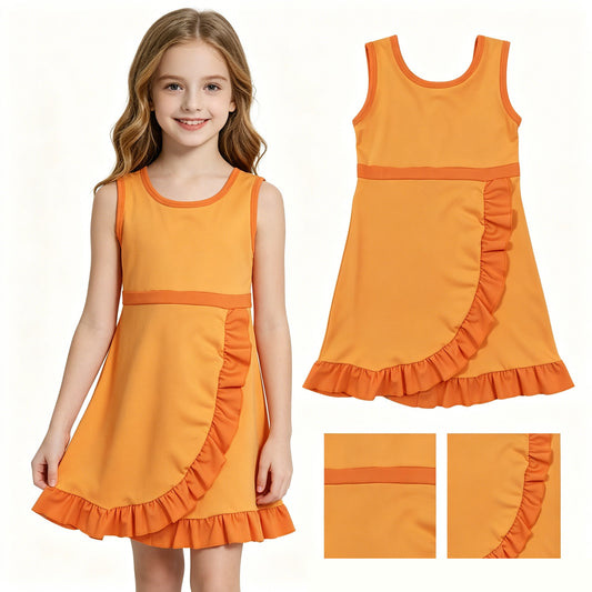 Baby Girls Sleeveless Orange Yoga Active Short Ruffle Knee Length Dress