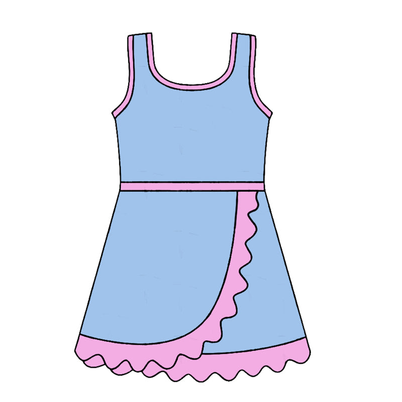 Baby Girls Sleeveless Blue Pink Yoga Active Short Scallop Knee Length Dress Preorder