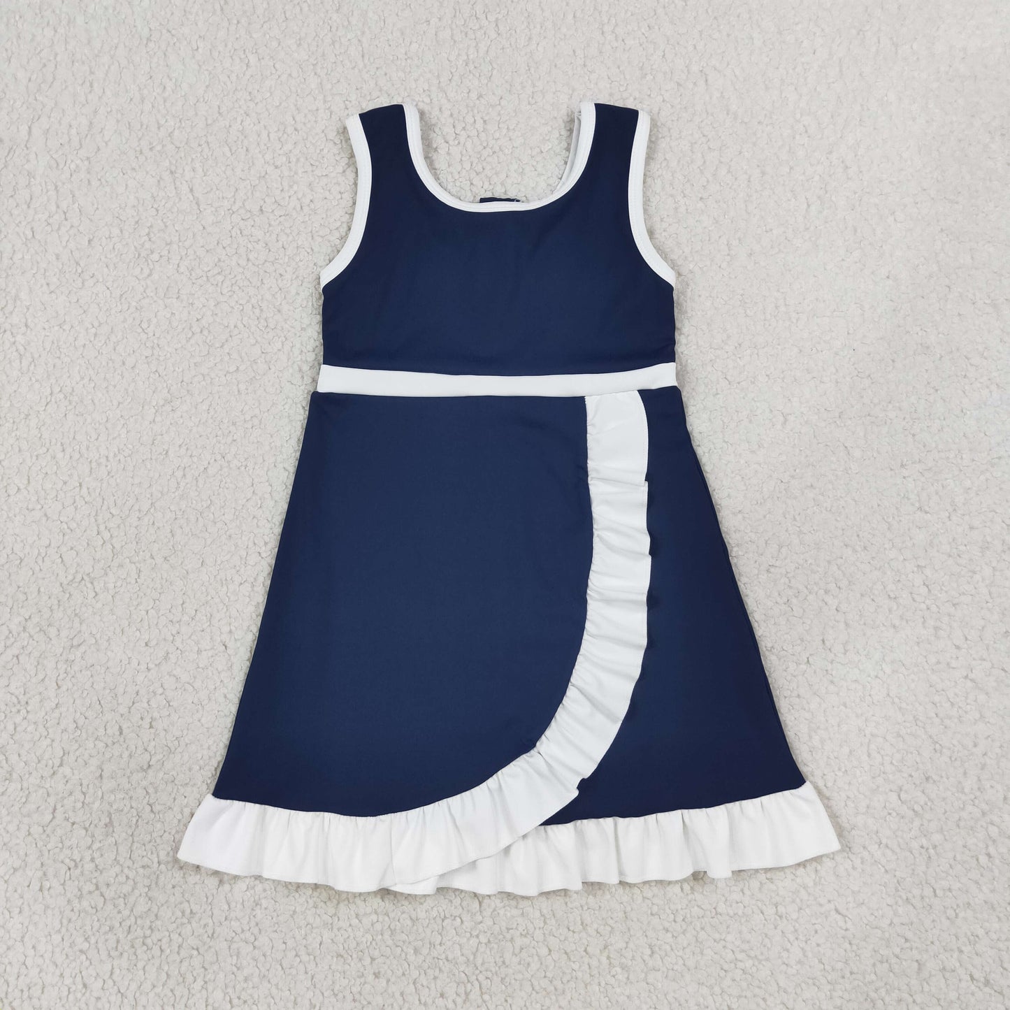 Baby Girls Navy White Ruffles Yoga Active Short Scallop Knee Length Dress