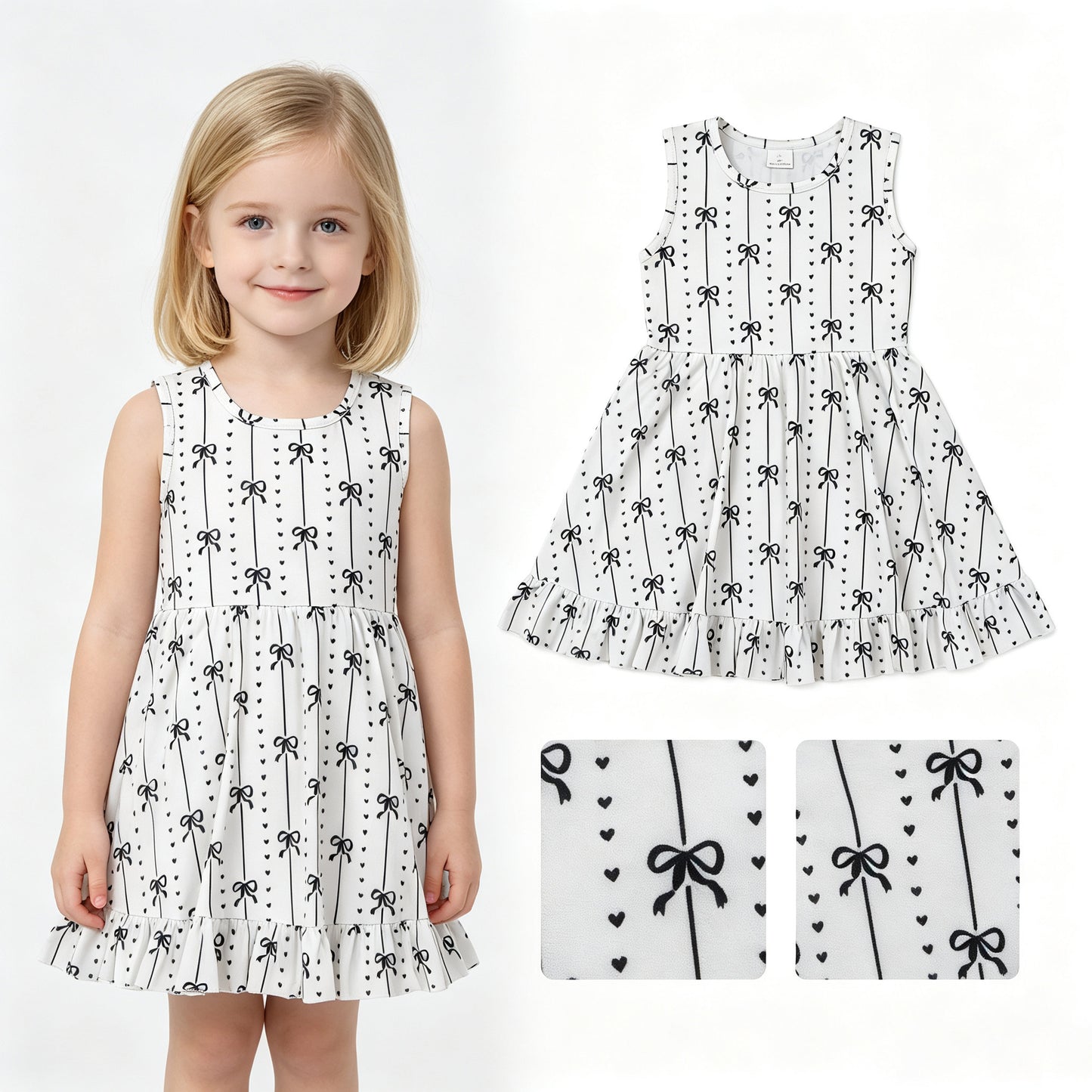 Baby Girls Black Bows Heart Stripe Ruffle Knee Length Dresses