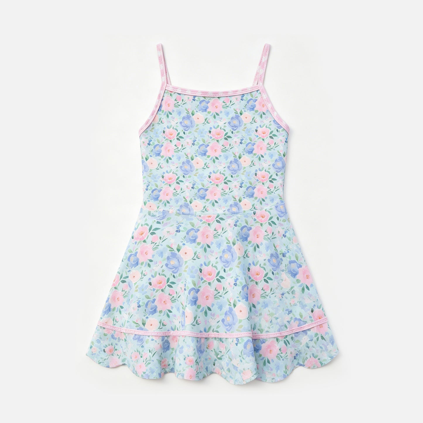 Baby Girls Pink Strap Colorful Flowers Scallop Knee Length Dresses Preorder