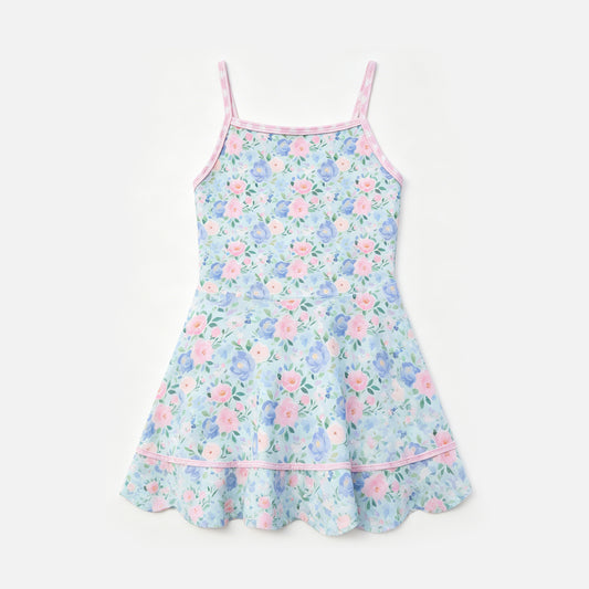 Baby Girls Pink Strap Colorful Flowers Scallop Knee Length Dresses Preorder