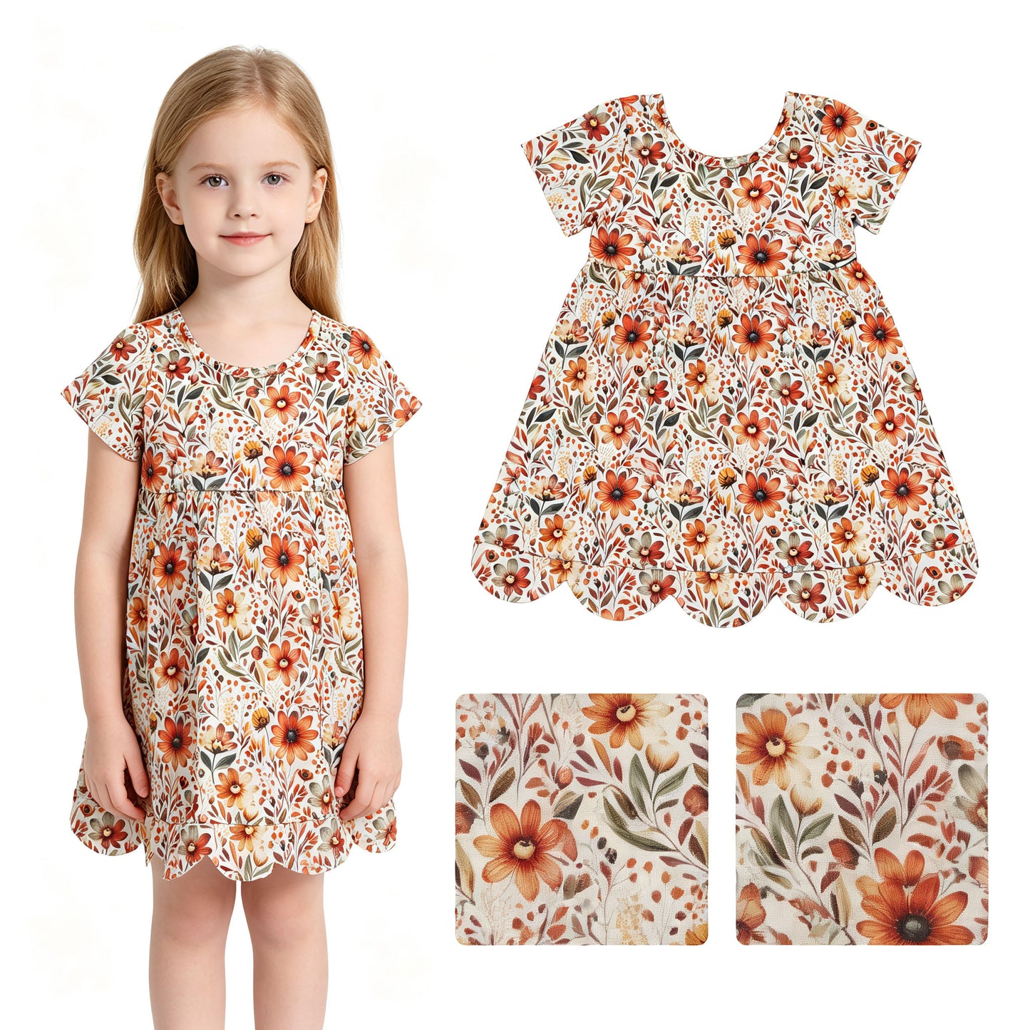 Baby Girls Short Sleeve Sunflowers Fall Scallop Knee Length Dresses