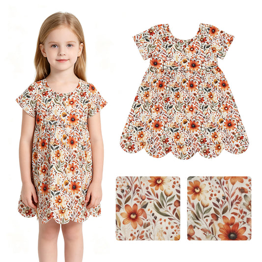 Baby Girls Short Sleeve Sunflowers Fall Scallop Knee Length Dresses