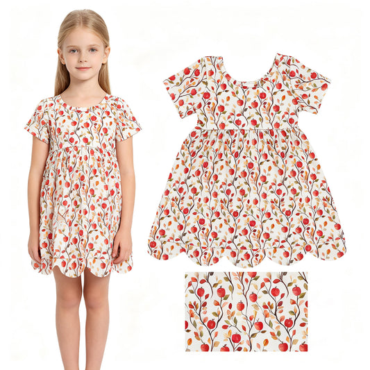 Baby Girls Apples Flowers Scallop Back to School Knee Length Dresses