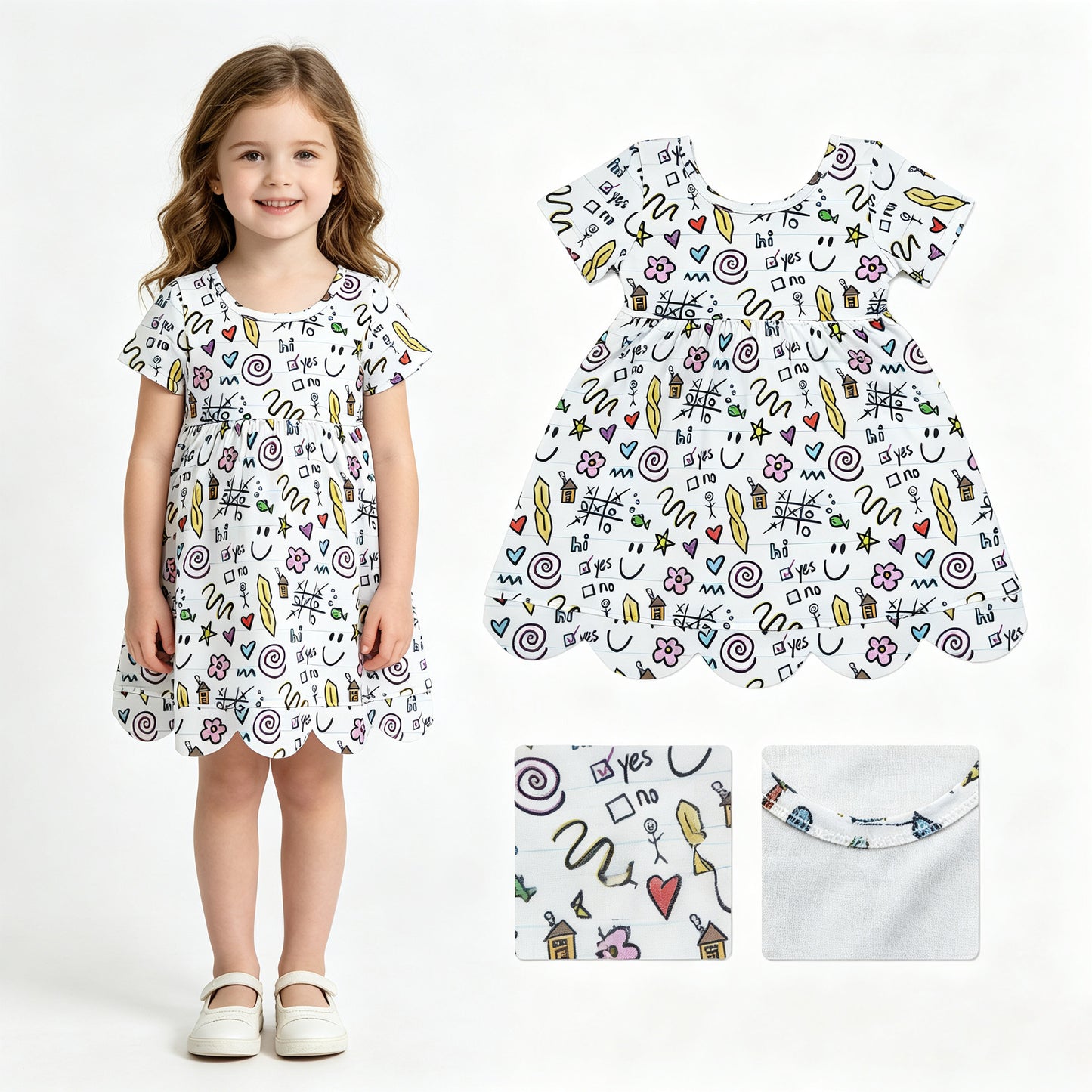 Baby Girls Hearts Letters Flowers Back to School Scallop Knee Length Dresses