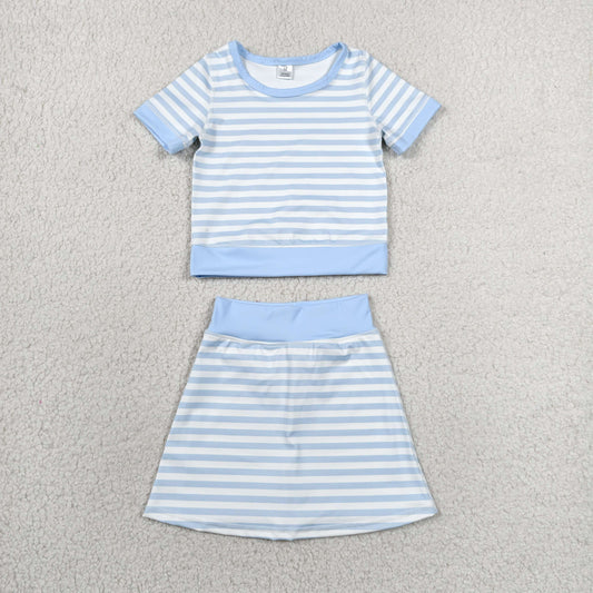 Baby Girls Light Blue Stripe Top Skirt Shorts Yoga Active Clothes Sets