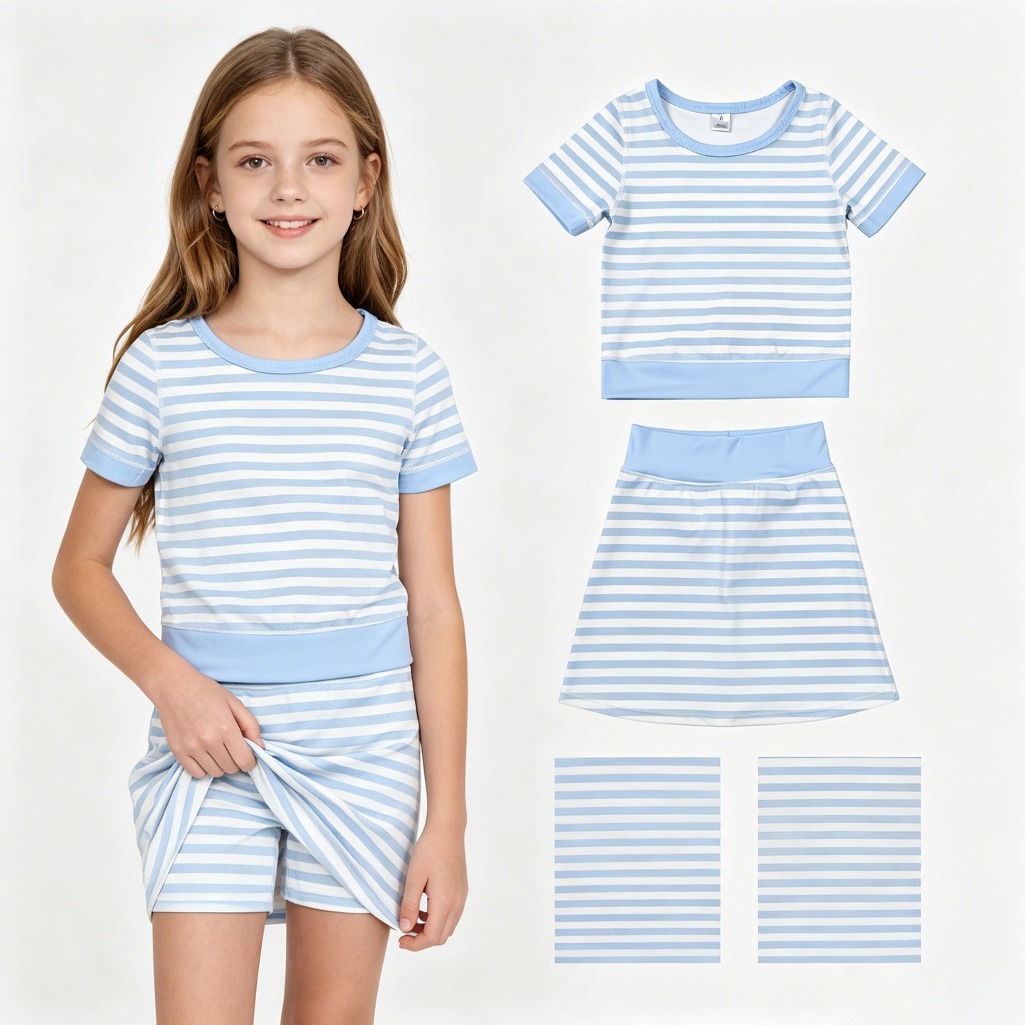 Baby Girls Light Blue Stripe Top Skirt Shorts Yoga Active Clothes Sets